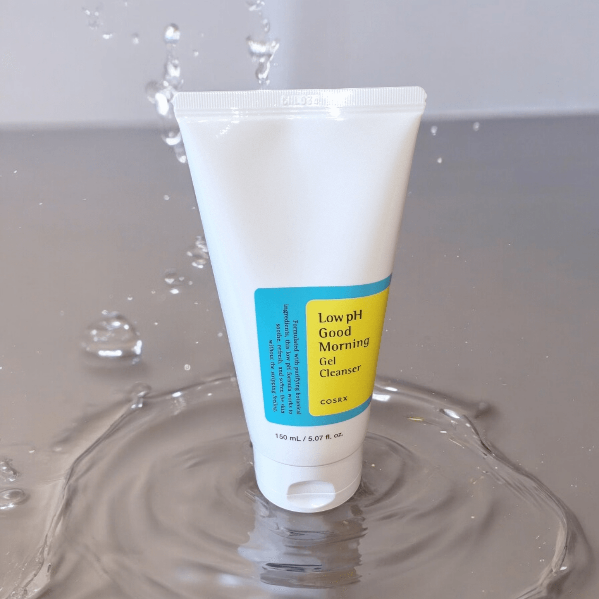 COSRX - Low pH Good Morning Gel Cleanser with water splash effects with a water background